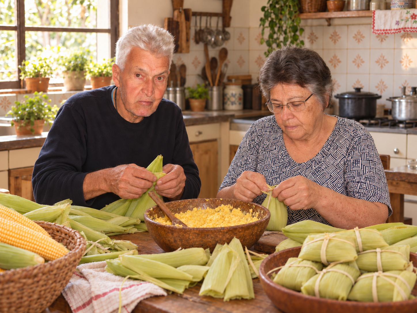 Cornland grandparents preparing traditional Brazilian pamonha together