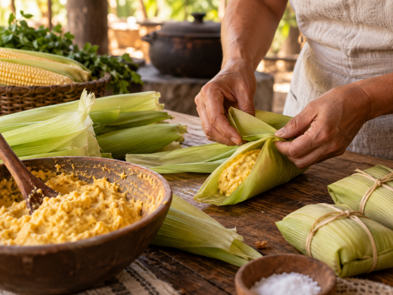 Hands carefully filling fresh corn husks during the traditional handcrafted preparation of Brazilian pamonha