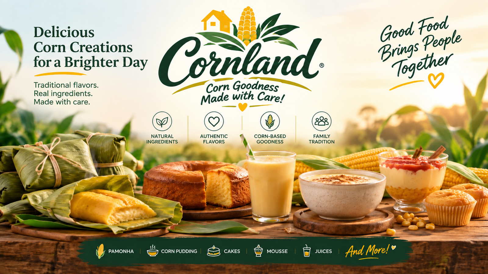 Cornland corn foods and Brazilian pamonha with English category labels