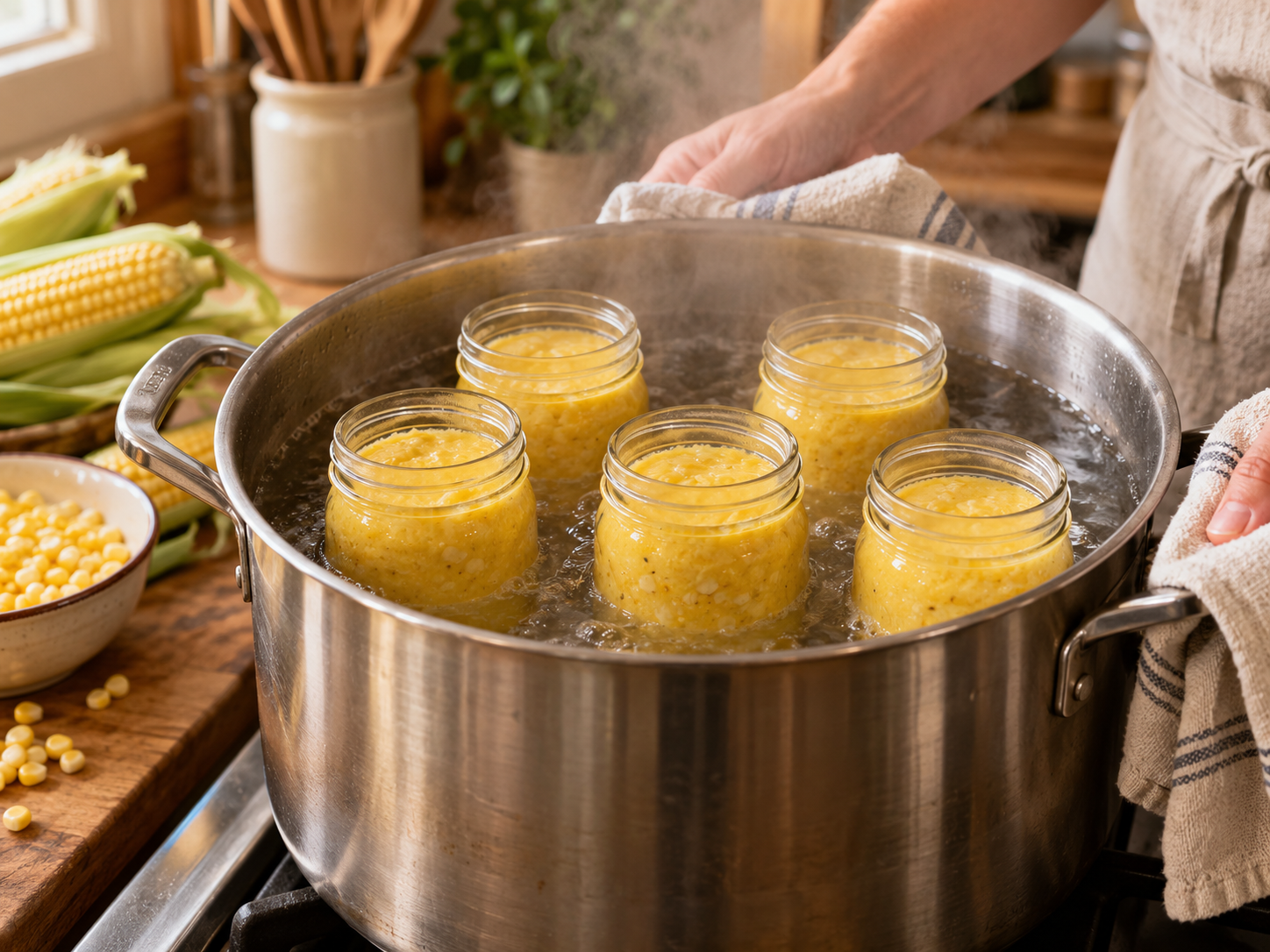 Glass jars filled with pamonha mixture cooking carefully in a water-bath pot