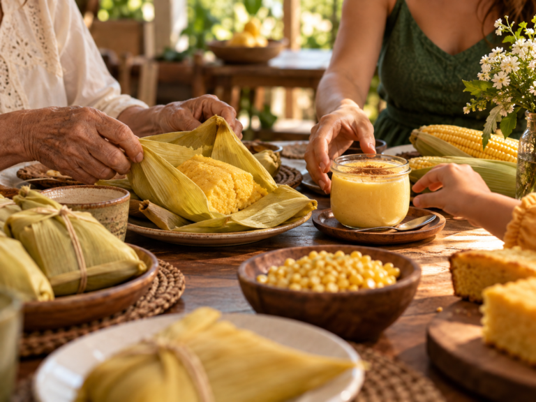 Traditional Brazilian pamonha and fresh corn pudding shared around a warm family table