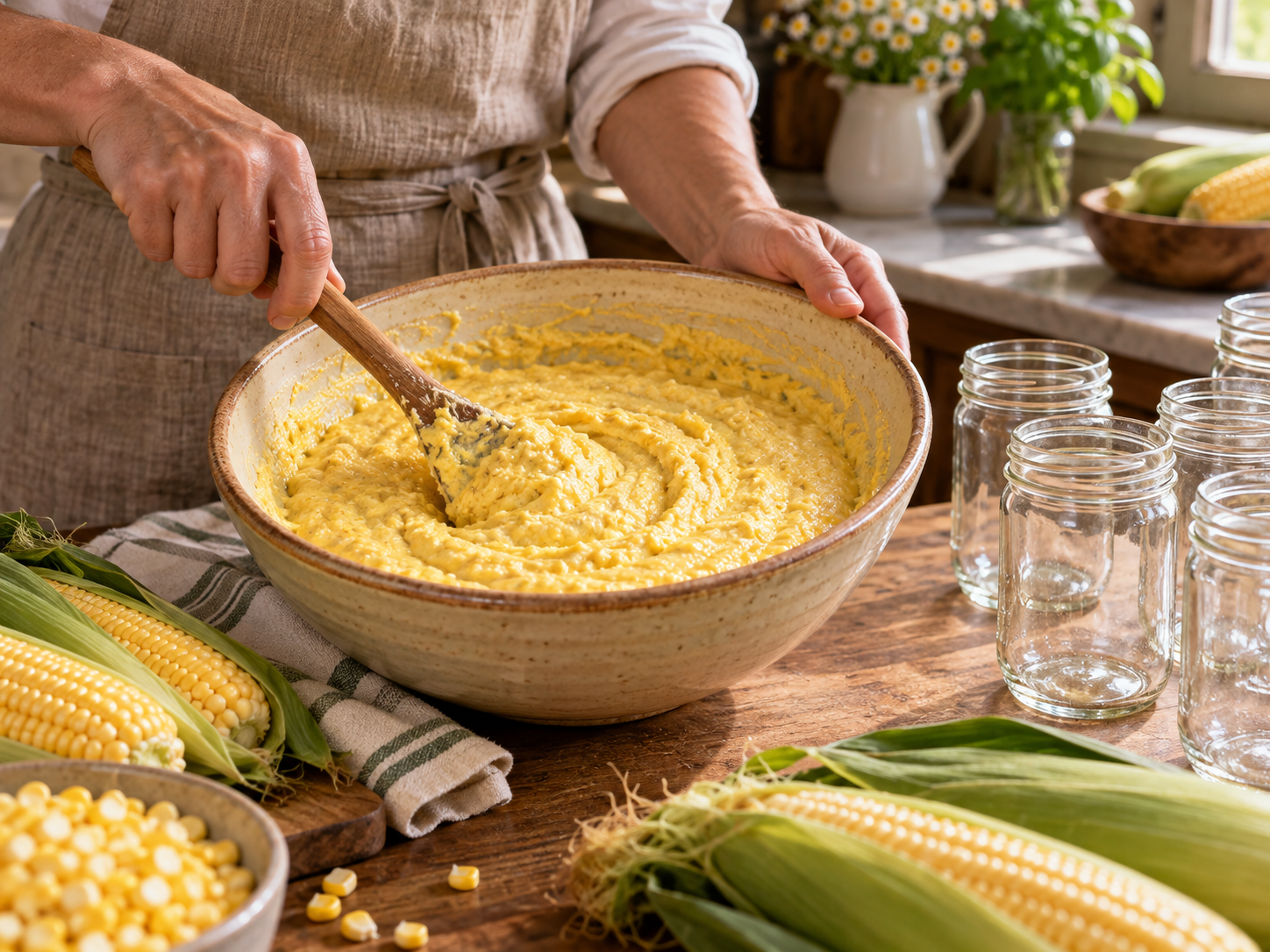 Fresh corn pamonha mixture being prepared beside clean glass jars in a warm small-batch kitchen
