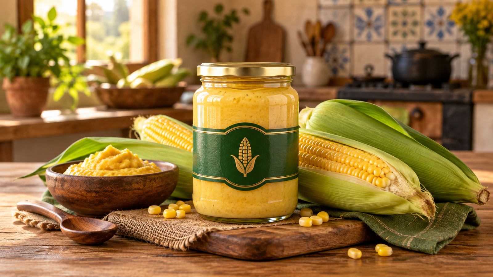 Cornland pamonha in a convenient glass jar with fresh corn in a warm kitchen