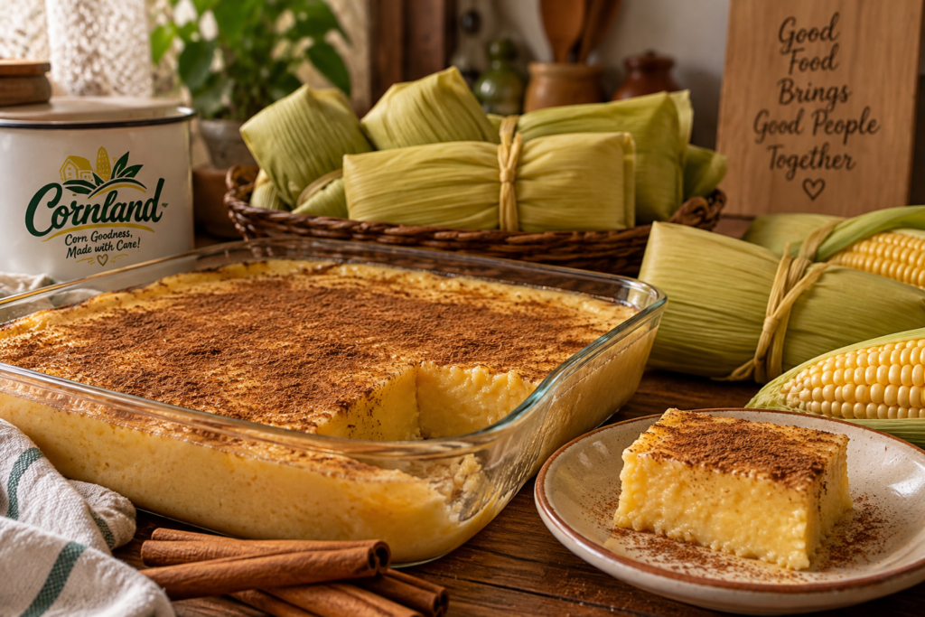 Cornland fresh corn pudding with cinnamon alongside traditional pamonha