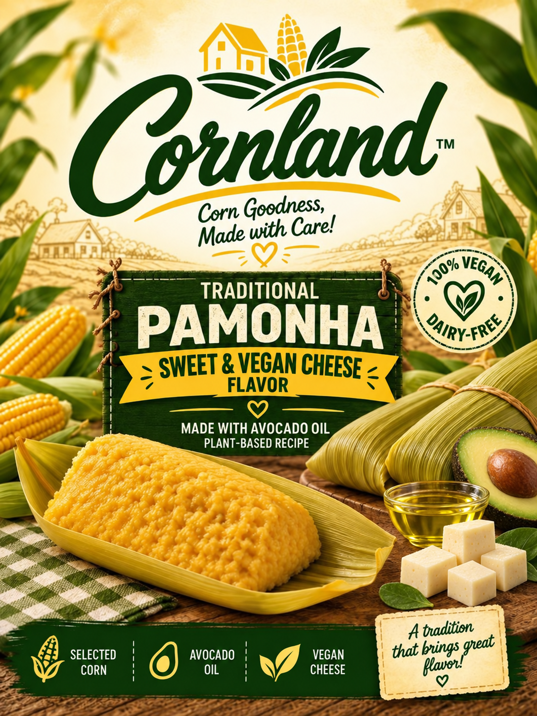 Cornland Sweet Vegan Pamonha with Vegan Cheese made with avocado oil